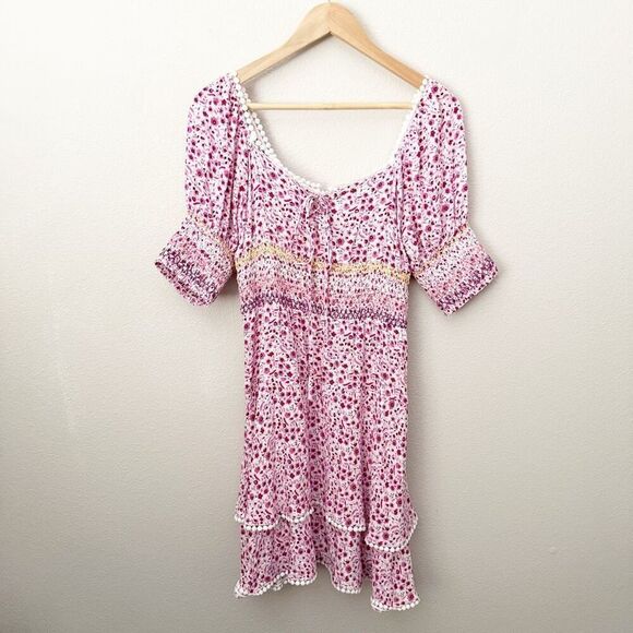 SISTERPink White Yellow Trim Puff Off Shoulder Sleeves Smocked TieLarge